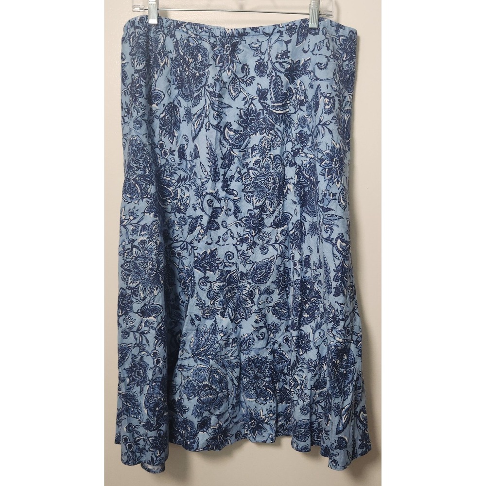 JM Collection Womens Linen Blue Floral Bias Cut Elastic Waist Midi Skirt Sz 16